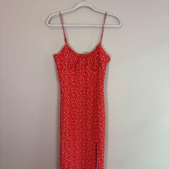 Zara Red with White Floral Print Midi Dress with Slit Side Size Medium - Picture 3 of 9